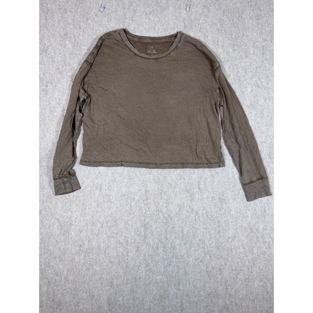 k185. Aerie Long Sleeve Cropped T-Shirt Faded Olive Brown Boxy Crew Neck Small